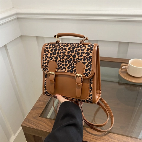 Mini Zaino da Donna in Pelle PU con Stampa Leopardata Vintage Borsa a Mano Piccola Patchwork alla Moda per Studentesse Universitarie