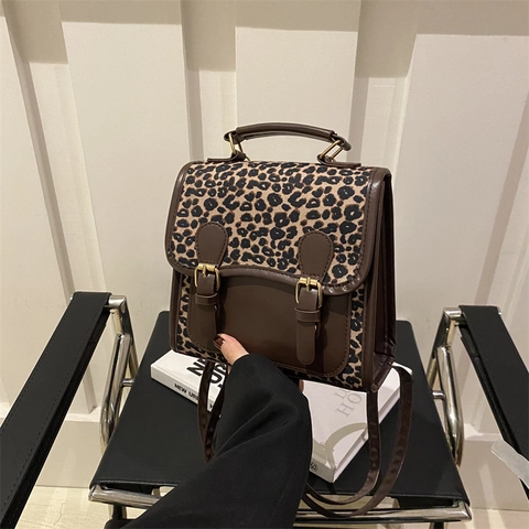Mini Zaino da Donna in Pelle PU con Stampa Leopardata Vintage Borsa a Mano Piccola Patchwork alla Moda per Studentesse Universitarie