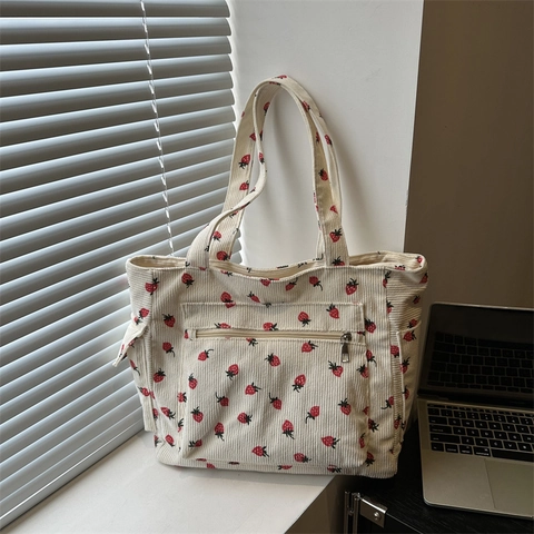 Grande Capacità Velluto a Coste Stampa Fragola Borsa Tote Donna Casual Borsa a Spalla Con Tasca Frontale Zip Scuola