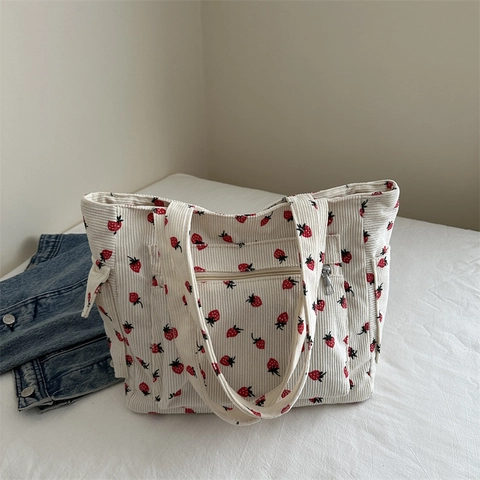 Women Casual Corduroy Tote Bag Large Capacity Strawberry Print Shoulder Bag Multi-Pocket Handbag Eco Friendly Shopping Bag