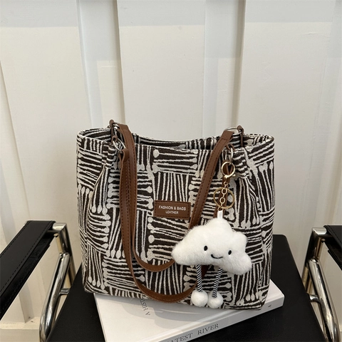 Borsa Tote in Tela a Righe Retrò da Donna Grande Capacità Borsa a Tracolla Casual Con Ciondolo a Nuvola Borsa da Pendolare