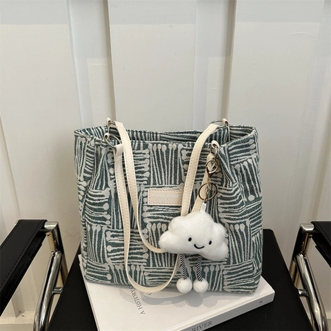 Borsa Tote in Tela a Righe Retrò da Donna Grande Capacità Borsa a Tracolla Casual Con Ciondolo a Nuvola Borsa da Pendolare
