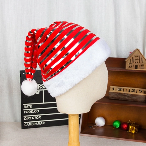 Cappello di Natale a Righe in Velluto Dorato Con Strisce Metalliche Pom Pom di Peluche Per Festa di Vacanza Celebrazione Accessorio