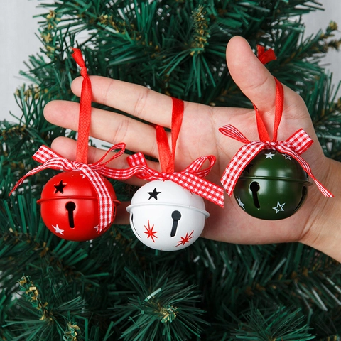 Christmas Tree Hanging Bell Decorations With Plaid Bow Star Hollow Metal Bells Red White Green Holiday Home Party Ornaments