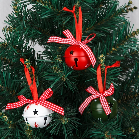 Christmas Tree Hanging Bell Decorations With Plaid Bow Star Hollow Metal Bells Red White Green Holiday Home Party Ornaments