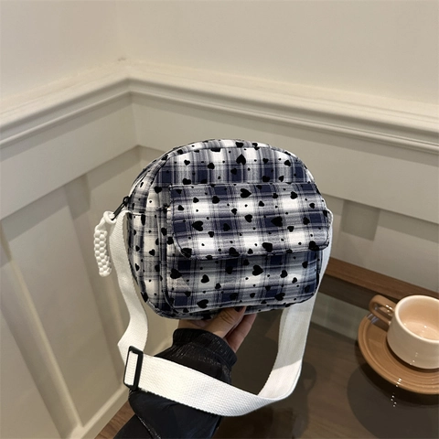 Borsa a Spalla Casual da Donna Stampa Cuore a Quadri Nylon Piccola Borsa Quadrata Borsa a Tracolla Con Tracolla Regolabile Moda Autunnale