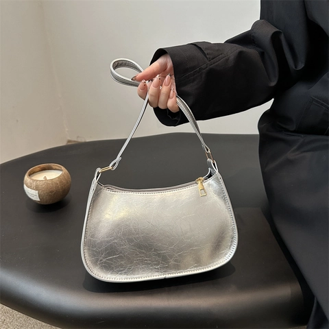Borsa Sotto l'Ascella in Pelle PU Retro per Donna Minimalista Lucida Pieghettata Borsa a Spalla Mezzaluna per Festa Quotidiana