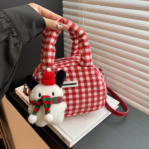 Borsa a Mano in Peluche a Quadretti Natalizi Rosso Bianco Tracolla Con Ciondolo a Cane Borsa a Spalla Donna Autunno Inverno