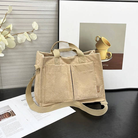 Women Corduroy Tote Bag Minimalist Large Capacity Shoulder Bag With Dual Pockets Adjustable Strap Casual Handbag For Everyday Work