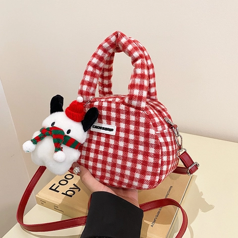 Borsa a Mano in Peluche a Quadretti Natalizi Rosso Bianco Tracolla Con Ciondolo a Cane Borsa a Spalla Donna Autunno Inverno