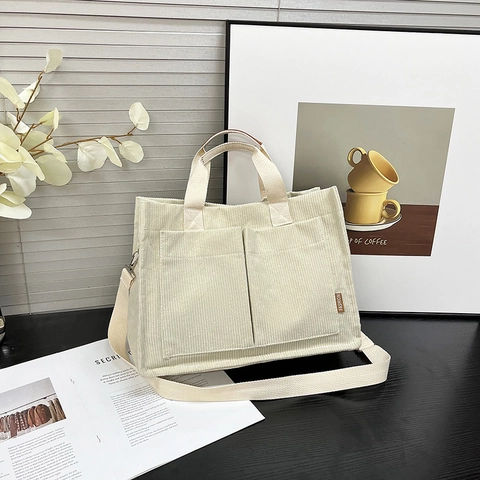 Women Corduroy Tote Bag Minimalist Large Capacity Shoulder Bag With Dual Pockets Adjustable Strap Casual Handbag For Everyday Work