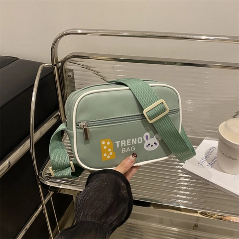 Contrast Piping PU Leather Small Square Bag For Women Cute Cartoon Rabbit Pattern Print Casual Street Style Crossbody Bag