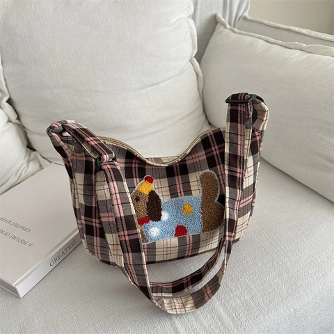 Casual Plaid Crossbody Bag Oxford Cloth Shoulder Bag With Cartoon Puppy Embroidery Patch For Women School Travel Hobo Bag