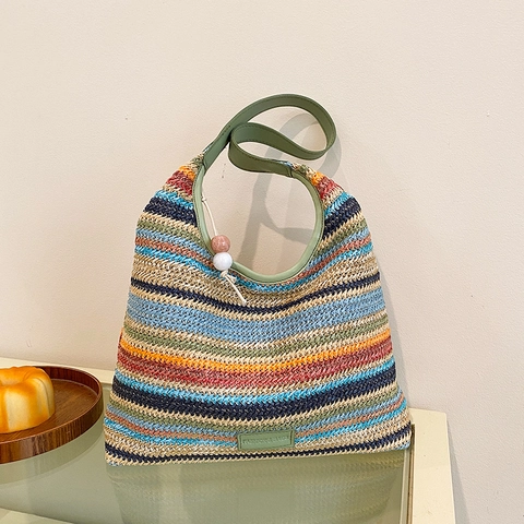Bohemian Πολύχρωμη Ριγέ Άχυρο Πλεκτή Τσάντα Tote Γυναικεία Καλοκαιρινή Τσάντα Παραλίας Με Δερμάτινη Λαβή Και Διακοσμητική Χάντρα