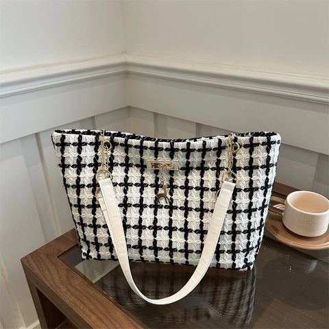 Bolso de Mano Vintage Tweed a Cuadros para Mujer Elegante Bolso de Hombro Gran Capacidad Con Cadena de Oro y Ciervo