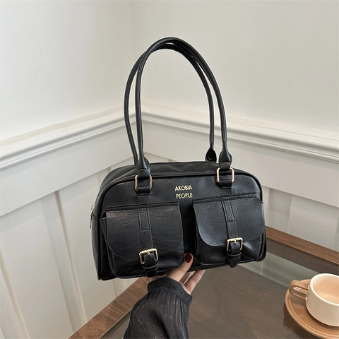 Retro PU Leather Shoulder Bag For Women Large Capacity Double Front Pockets Gold Hardware Commuter Underarm Handbag