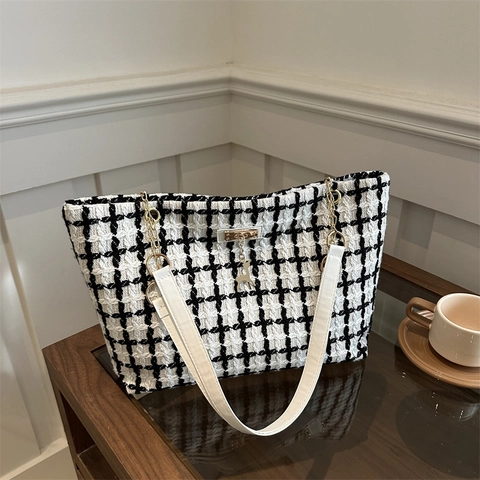 Bolso de Mano Vintage Tweed a Cuadros para Mujer Elegante Bolso de Hombro Gran Capacidad Con Cadena de Oro y Ciervo