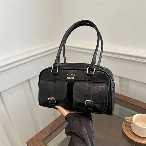 Retro PU Leather Shoulder Bag For Women Large Capacity Double Front Pockets Gold Hardware Commuter Underarm Handbag