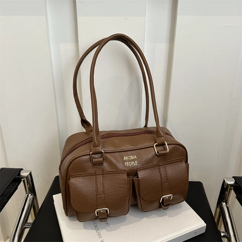 Women Vintage PU Leather Bowling Bag Commuting Casual Underarm Shoulder Bag With Double Front Pockets Zipper Closure Solid