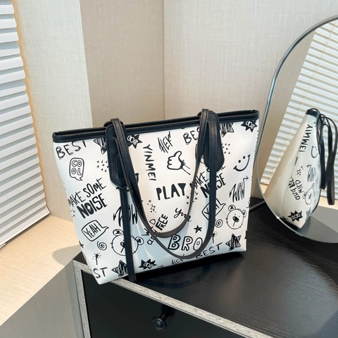 Borsa Tote da Donna in Pelle PU con Graffiti Doodle Grande Capacità Streetwear Borsa a Tracolla Stampa Cartoon Pendolare