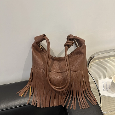 Borsa a Spalla da Donna in Pelle PU con Nappe Borsa Hobo Bohémien con Manico Annodato Grana Litchi Grande Capacità Tote