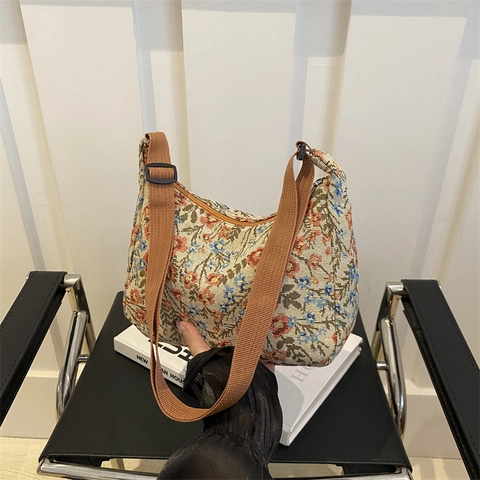 New Chinese Style Floral Jacquard Underarm Bag Women Ethnic Dumpling Shoulder Bag Vintage Canvas Crossbody Bag With Adjustable Strap