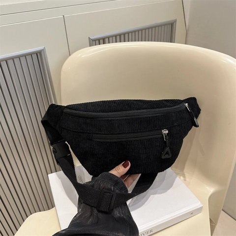 Women Minimalist Corduroy Waist Bag Chest Bag Casual Solid Color Adjustable Strap Fanny Pack Daily Crossbody Belt Bag