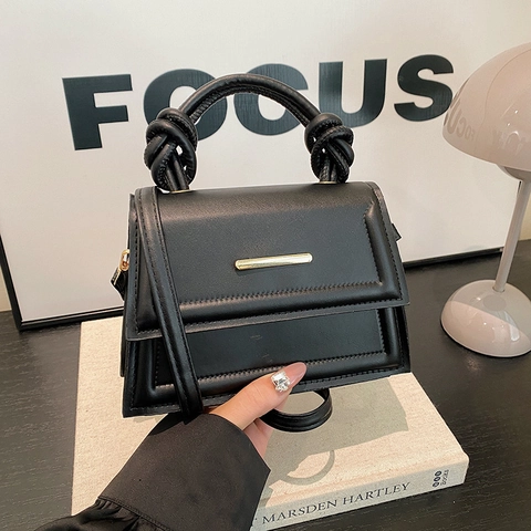 Borsa Quadrata Piccola in Pelle PU da Donna Minimalista Moderna Con Manico Annodato Barra in Metallo Oro Borsa a Tracolla Tinta Unita