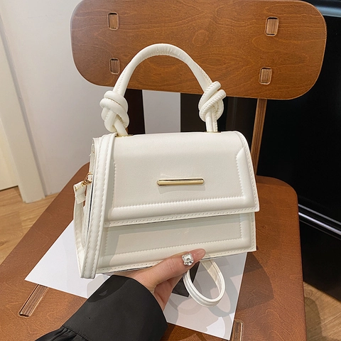 Borsa Quadrata Piccola in Pelle PU da Donna Minimalista Moderna Con Manico Annodato Barra in Metallo Oro Borsa a Tracolla Tinta Unita