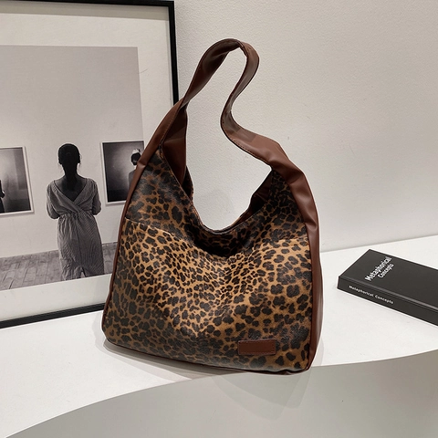 Borsa Tote Vintage con Stampa Leopardata a Grande Capacità per Donna in Pelle PU Minimalista Urbana Borsa a Spalla per Pendolarismo Quotidiano