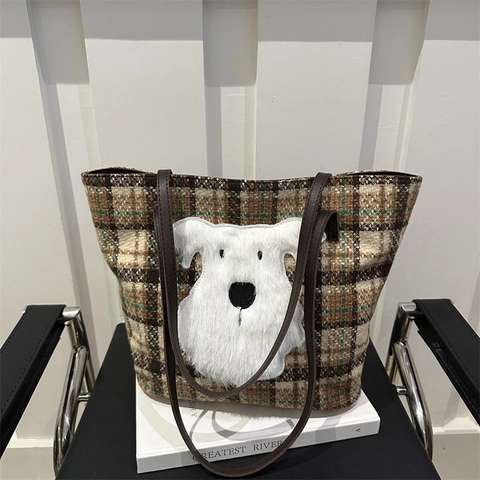Bolso Tote de Lana a Cuadros de Gran Capacidad para Mujer con Lindo Parche de Perro de Peluche Bolso de Hombro Informal Retro para Trabajo