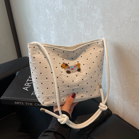 Borsa a Spalla Donna Coreana Pois Tela Secchiello con Ricamo Cane Carino Borsa Sottoascellare Casual Tracolla