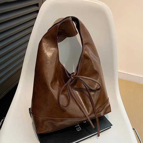 Bolso Tote de Cuero PU Retro para Mujer Con Decoración de Lazo Color Sólido Bolso de Hombro de Gran Capacidad Bolso Hobo de Moda