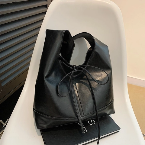 Bolso Tote de Cuero PU Retro para Mujer Con Decoración de Lazo Color Sólido Bolso de Hombro de Gran Capacidad Bolso Hobo de Moda