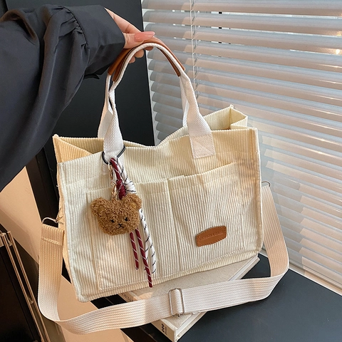 Women Fashion Corduroy Tote Bag Large Capacity Casual Shoulder Bag With Bear Charm Solid Color Crossbody Handbag