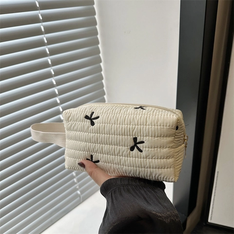 Bolso de Mano de Lona Acolchada para Mujer Bordado de Lazo Bolsa de Almacenamiento de Cosméticos Bolso Cuadrado