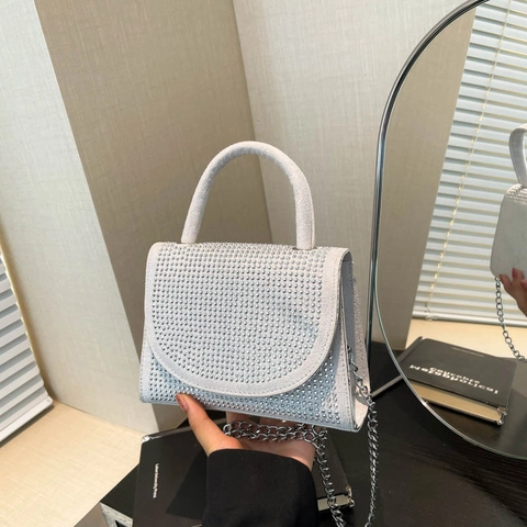 Damen Mode Strass Kette Schulter Umhängetasche Hochwertige PU Wildleder Textur Handtasche Elegante Kleine Quadratische Tasche Für Party