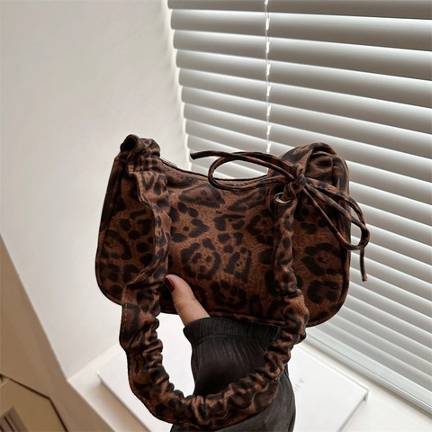 Borsa Sottobraccio da Donna con Stampa Leopardata Manico Arricciato Decorazione a Fiocco in Nylon Hobo Borsa a Spalla