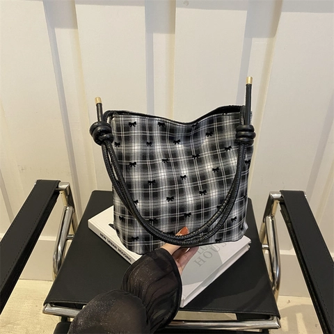 Damen Mode Eimertasche Kariert Punktmuster Schleife Dekor PU Leder Polyester Futter Umhängetasche Mit Geknotetem Gurt Casual Handtasche