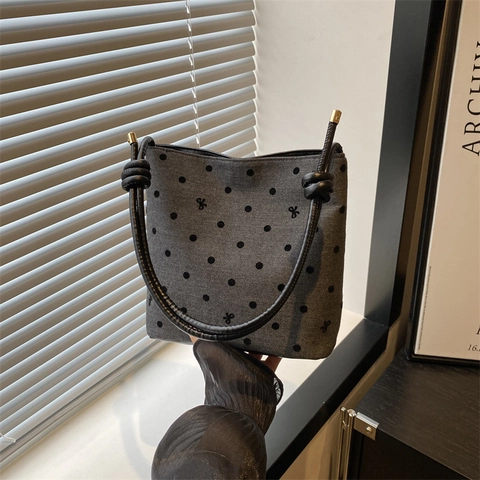 Damen Mode Eimertasche Kariert Punktmuster Schleife Dekor PU Leder Polyester Futter Umhängetasche Mit Geknotetem Gurt Casual Handtasche