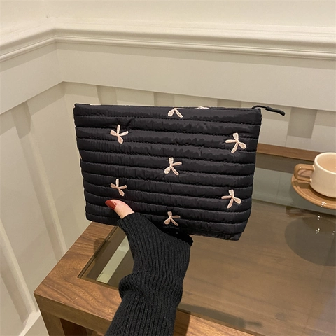 Korean Style Quilted Ribbon Bow Embroidery Clutch Bag For Women Nylon Makeup Toiletry Storage Bag Small Square Zipper Pouch