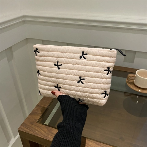 Korean Style Quilted Ribbon Bow Embroidery Clutch Bag For Women Nylon Makeup Toiletry Storage Bag Small Square Zipper Pouch