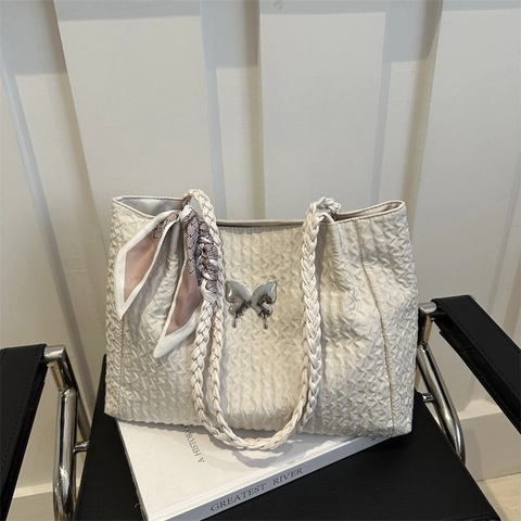 Borsa Tote Plissettata a Grande Capacità per Donna Borsa a Tracolla in Nylon Con Manico Intrecciato e Ciondolo Farfalla