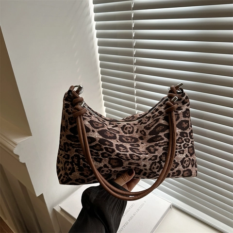 Vintage Leopard Print Shoulder Bag For Women Canvas Pillow Hobo Underarm Bag With Knot Strap Casual Large Capacity Handbag