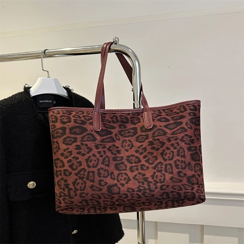 Leopard Print Large Capacity Tote Bag For Women PU Leather Trim Single Shoulder Handbag Fashion Animal Pattern Bag
