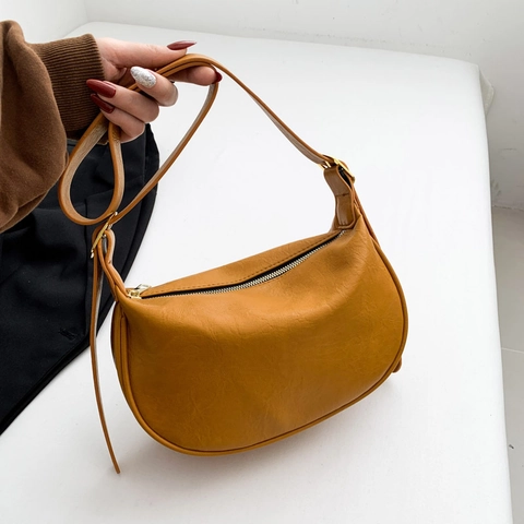 Bolso de Axila de Media Luna Vintage Francés para Mujer Cuero PU Color Sólido Correa de Hombro Ajustable Bolso Minimalista