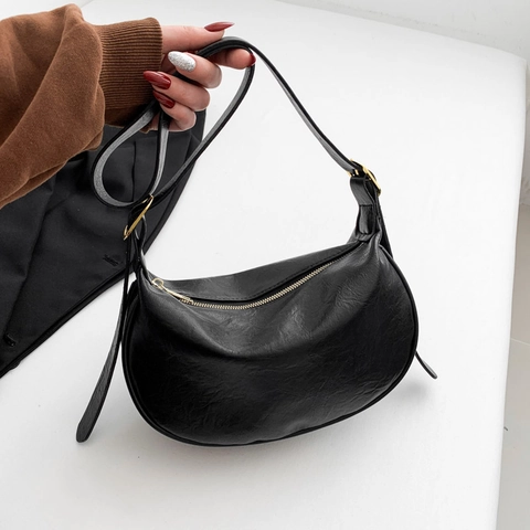 Bolso de Axila de Media Luna Vintage Francés para Mujer Cuero PU Color Sólido Correa de Hombro Ajustable Bolso Minimalista