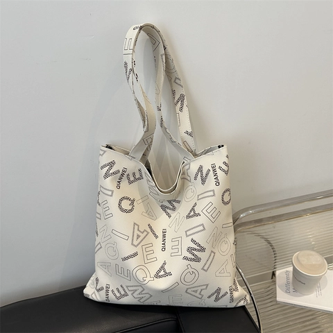 Women Large Capacity PU Leather Tote Bag Fashion Letter Print Shoulder Bag Simple Commuter Handbag For Daily Shopping