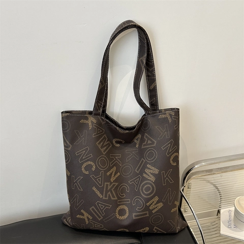 Women Large Capacity PU Leather Tote Bag Fashion Letter Print Shoulder Bag Simple Commuter Handbag For Daily Shopping