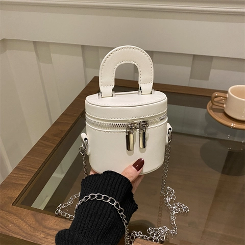 Borsa a Cilindro Mini da Donna in Pelle PU Con Tracolla a Catena Borsetta a Tracolla a Secchiello Con Cuciture a Contrasto